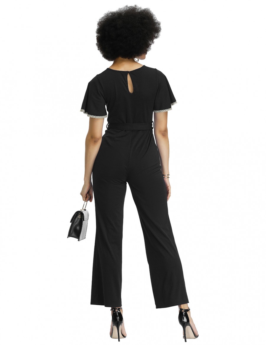 Noble Black Round Collar Waist Belt Plain Jumpsuit Shop Online