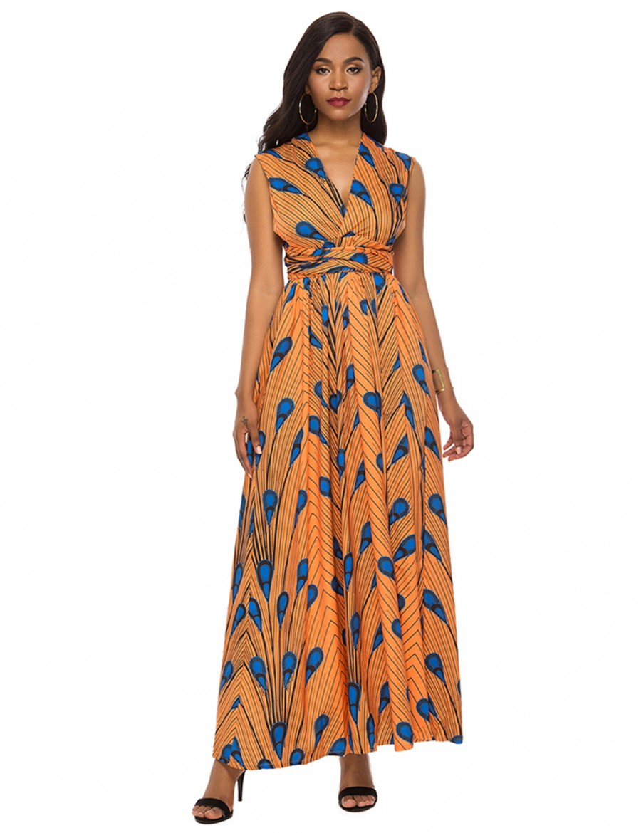 Yellow Tribal Print Criss Cross Backless Maxi Dress Tailored Quality