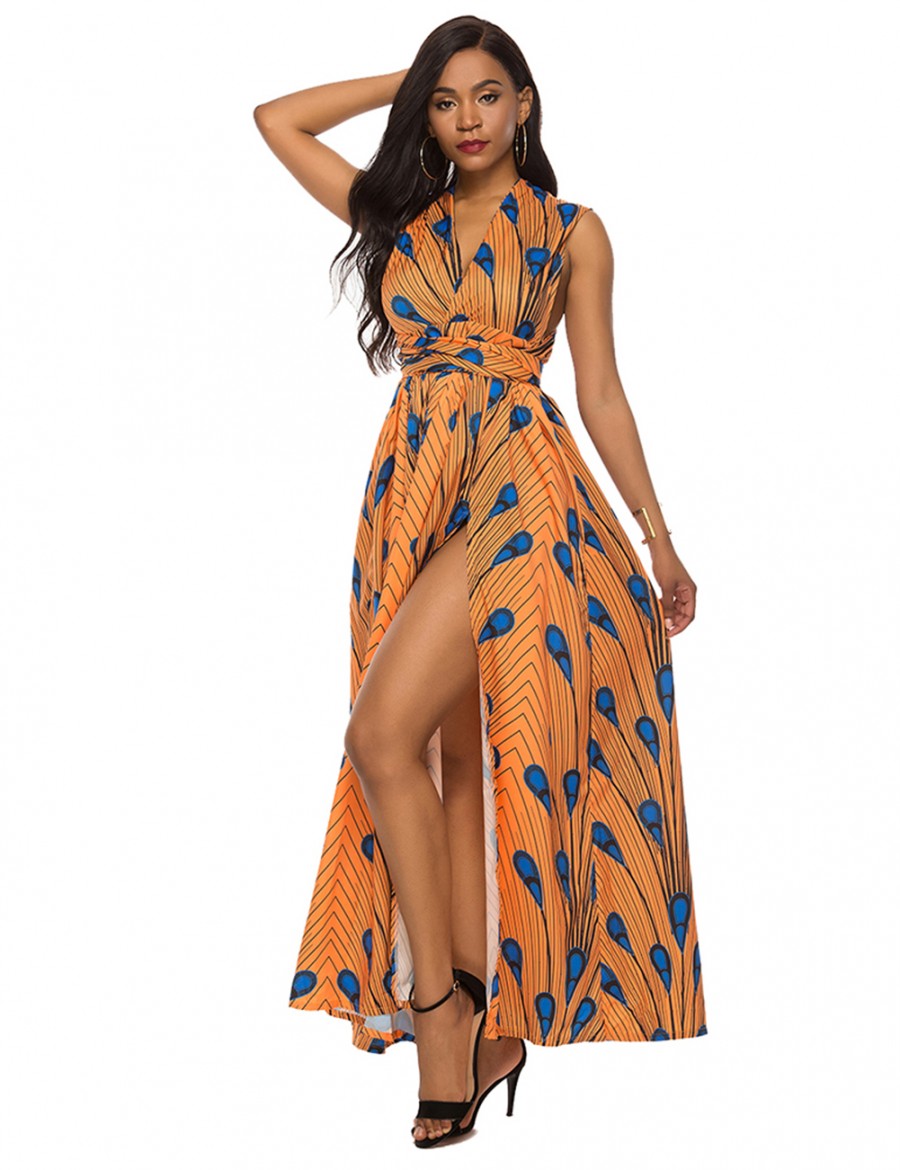 Yellow Tribal Print Criss Cross Backless Maxi Dress Tailored Quality