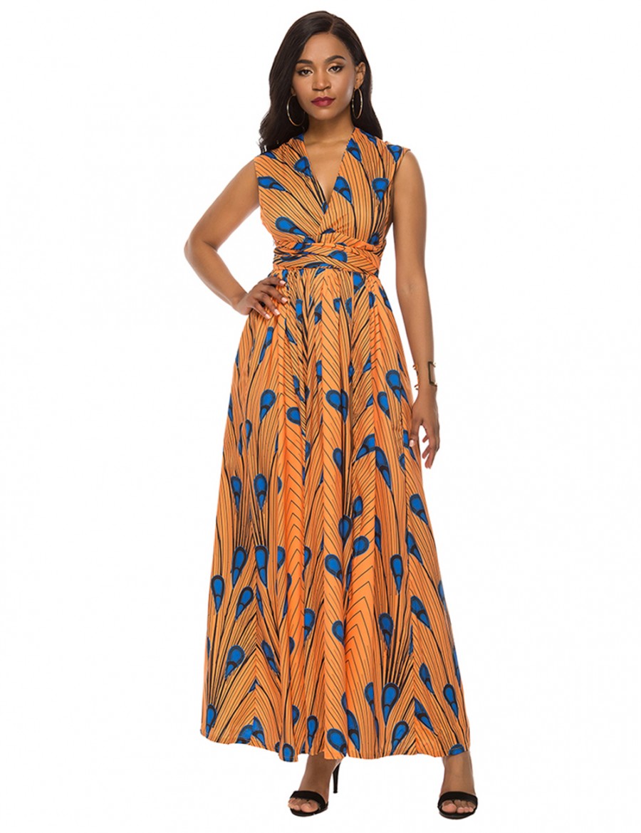 Yellow Tribal Print Criss Cross Backless Maxi Dress Tailored Quality