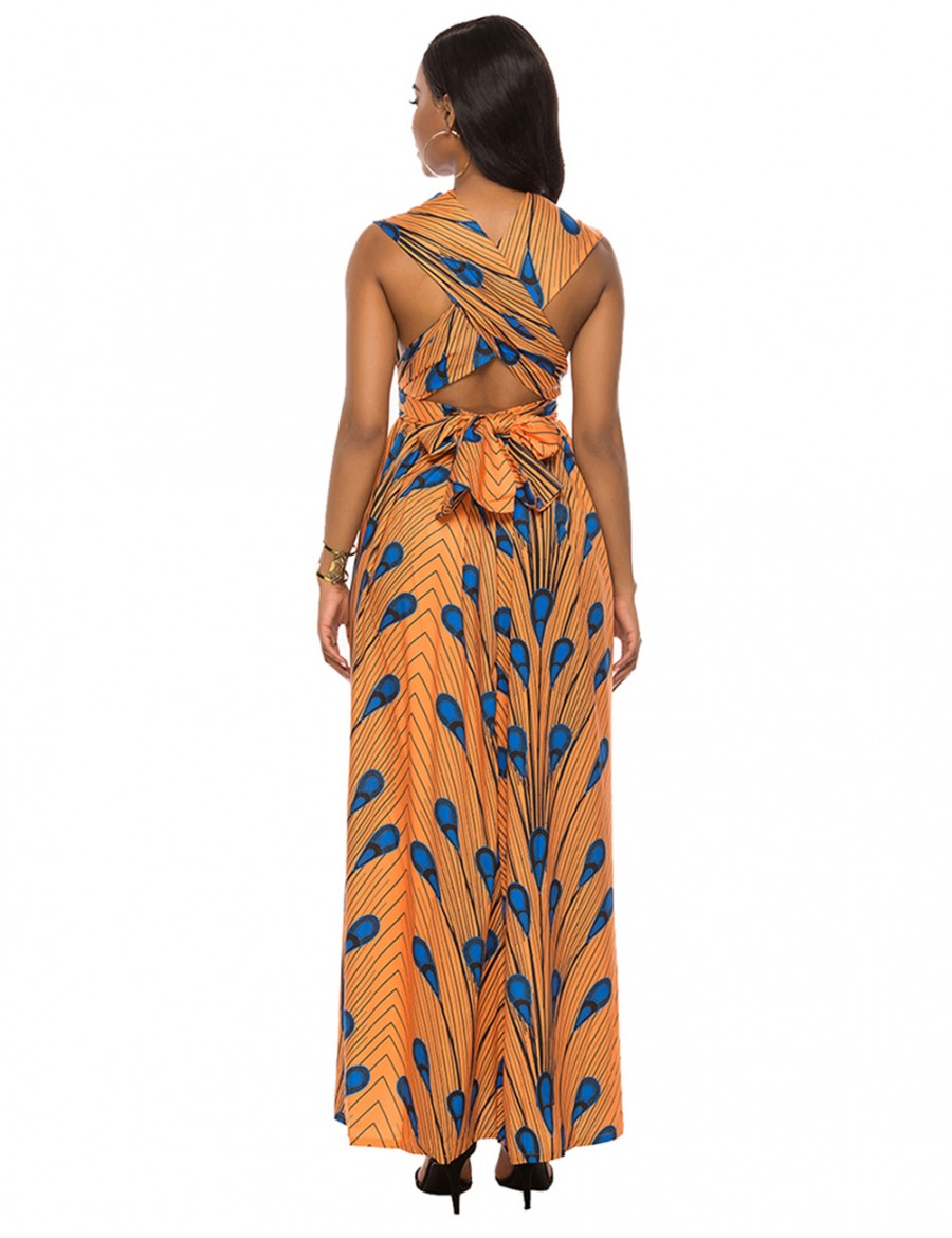 Yellow Tribal Print Criss Cross Backless Maxi Dress Tailored Quality