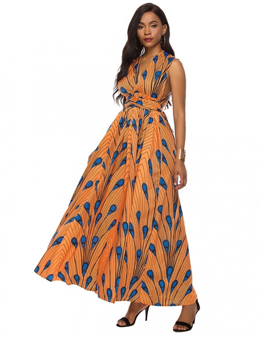 Yellow Tribal Print Criss Cross Backless Maxi Dress Tailored Quality