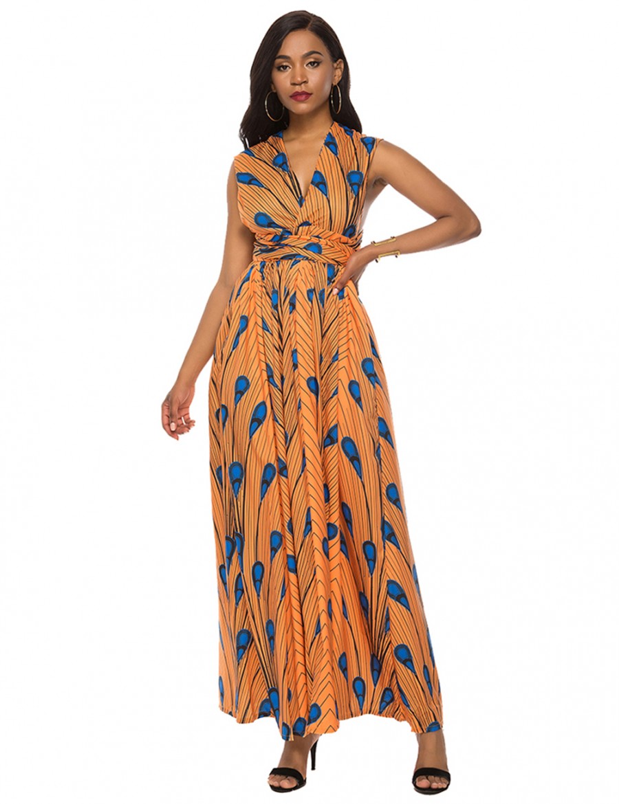 Yellow Tribal Print Criss Cross Backless Maxi Dress Tailored Quality