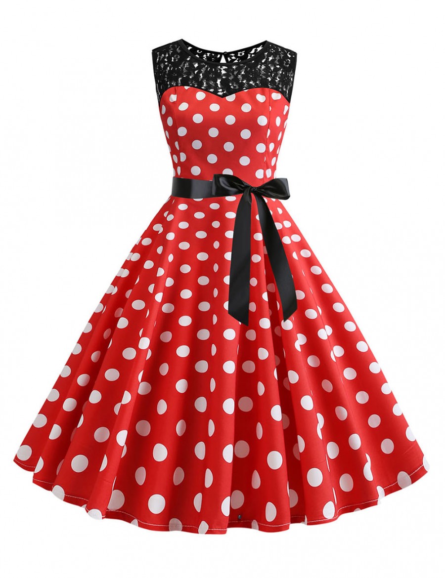 Fairy Dot Lace Round Neck Hollow Zipper Skater Dress Unique Fashion