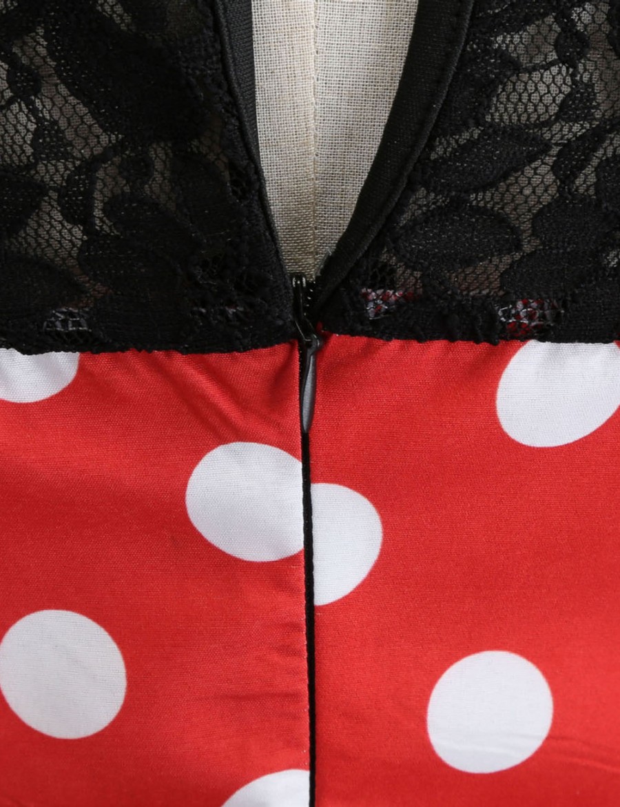 Fairy Dot Lace Round Neck Hollow Zipper Skater Dress Unique Fashion