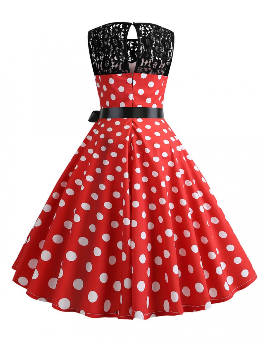 Fairy Dot Lace Round Neck Hollow Zipper Skater Dress Unique Fashion