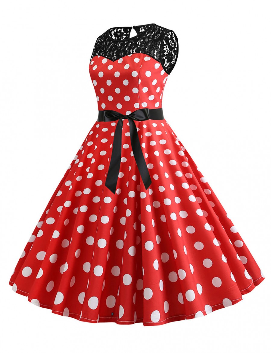 Fairy Dot Lace Round Neck Hollow Zipper Skater Dress Unique Fashion