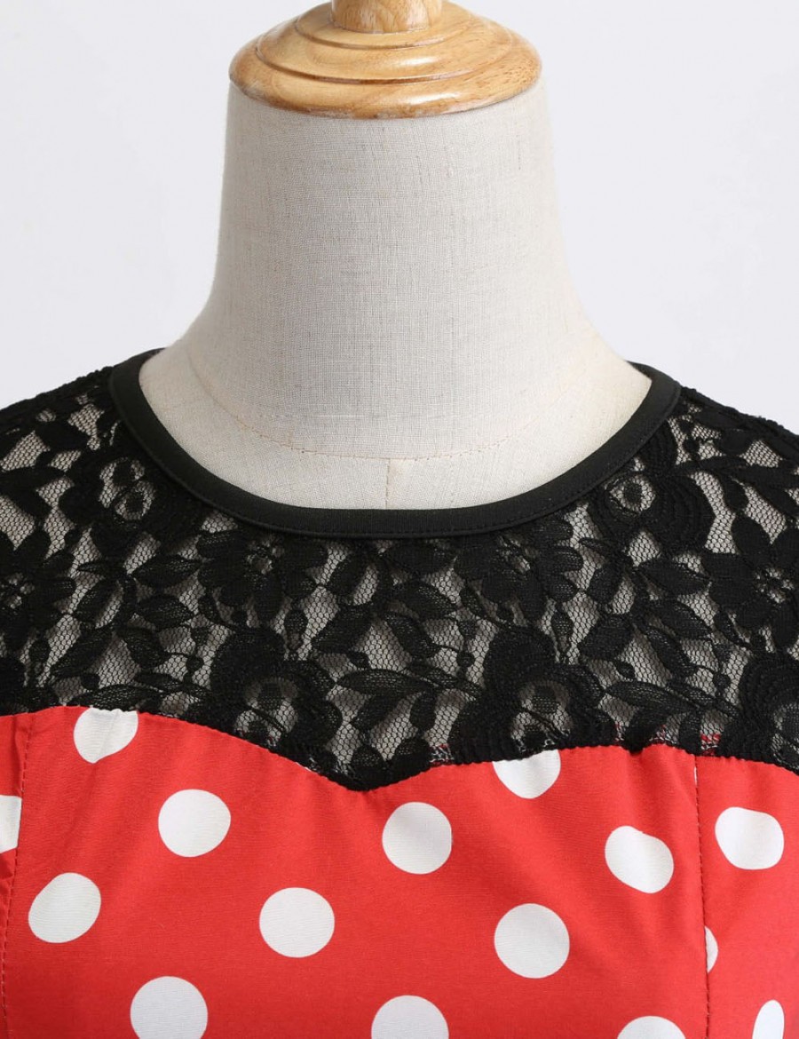 Fairy Dot Lace Round Neck Hollow Zipper Skater Dress Unique Fashion