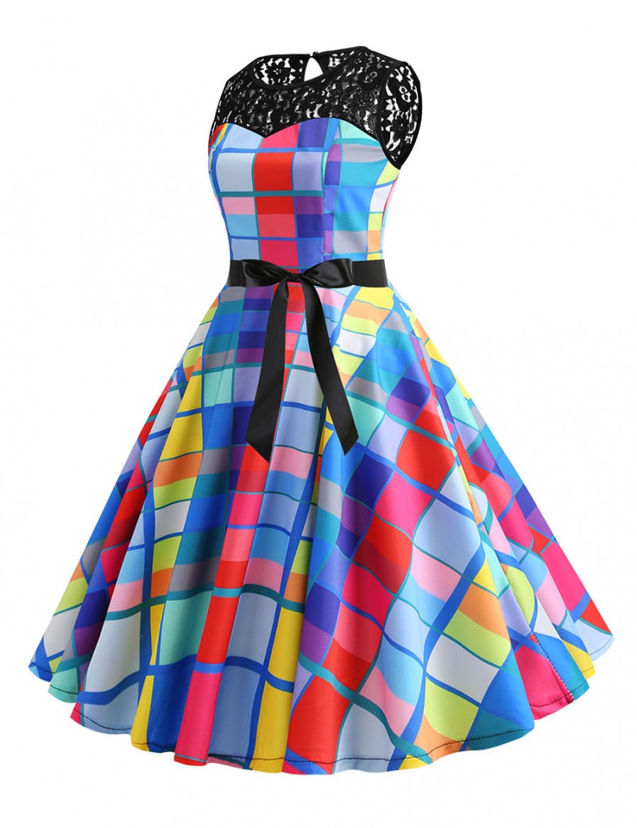 Premium Plaid Button Tie Lace Flare Hem Skater Dress Good Elasticity