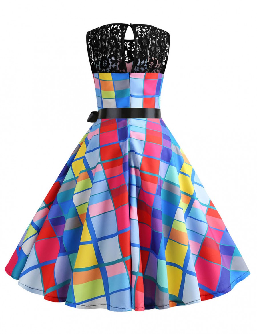 Premium Plaid Button Tie Lace Flare Hem Skater Dress Good Elasticity
