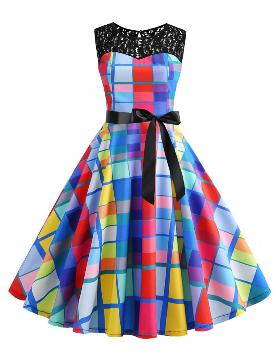 Premium Plaid Button Tie Lace Flare Hem Skater Dress Good Elasticity