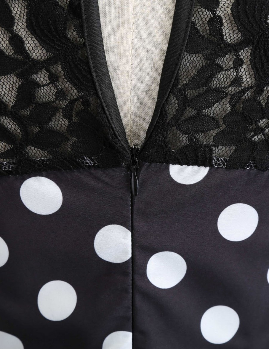 Unique Polka Dot Zip Crew Neck Bow Tie Skater Dress Lace All-Match