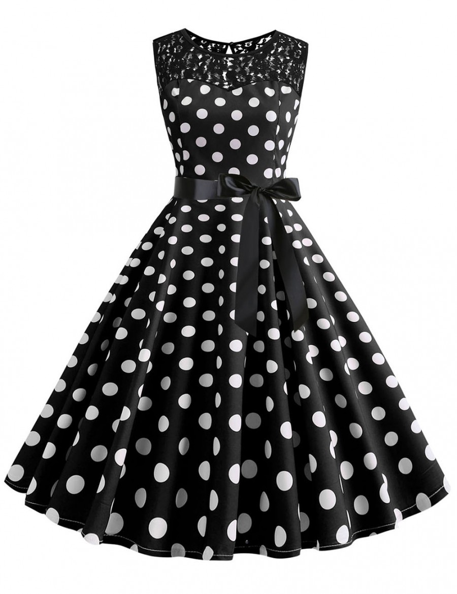 Unique Polka Dot Zip Crew Neck Bow Tie Skater Dress Lace All-Match