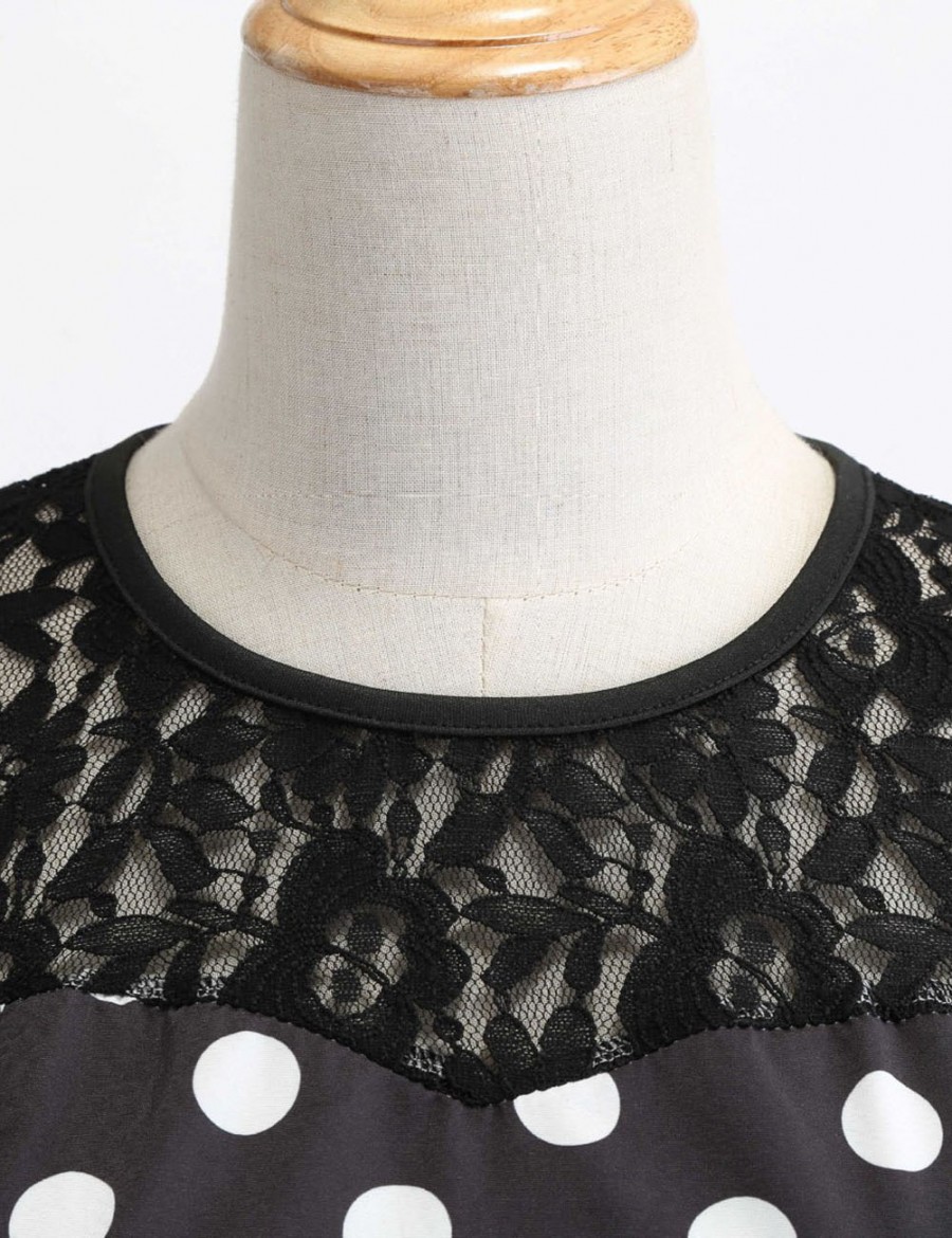 Unique Polka Dot Zip Crew Neck Bow Tie Skater Dress Lace All-Match
