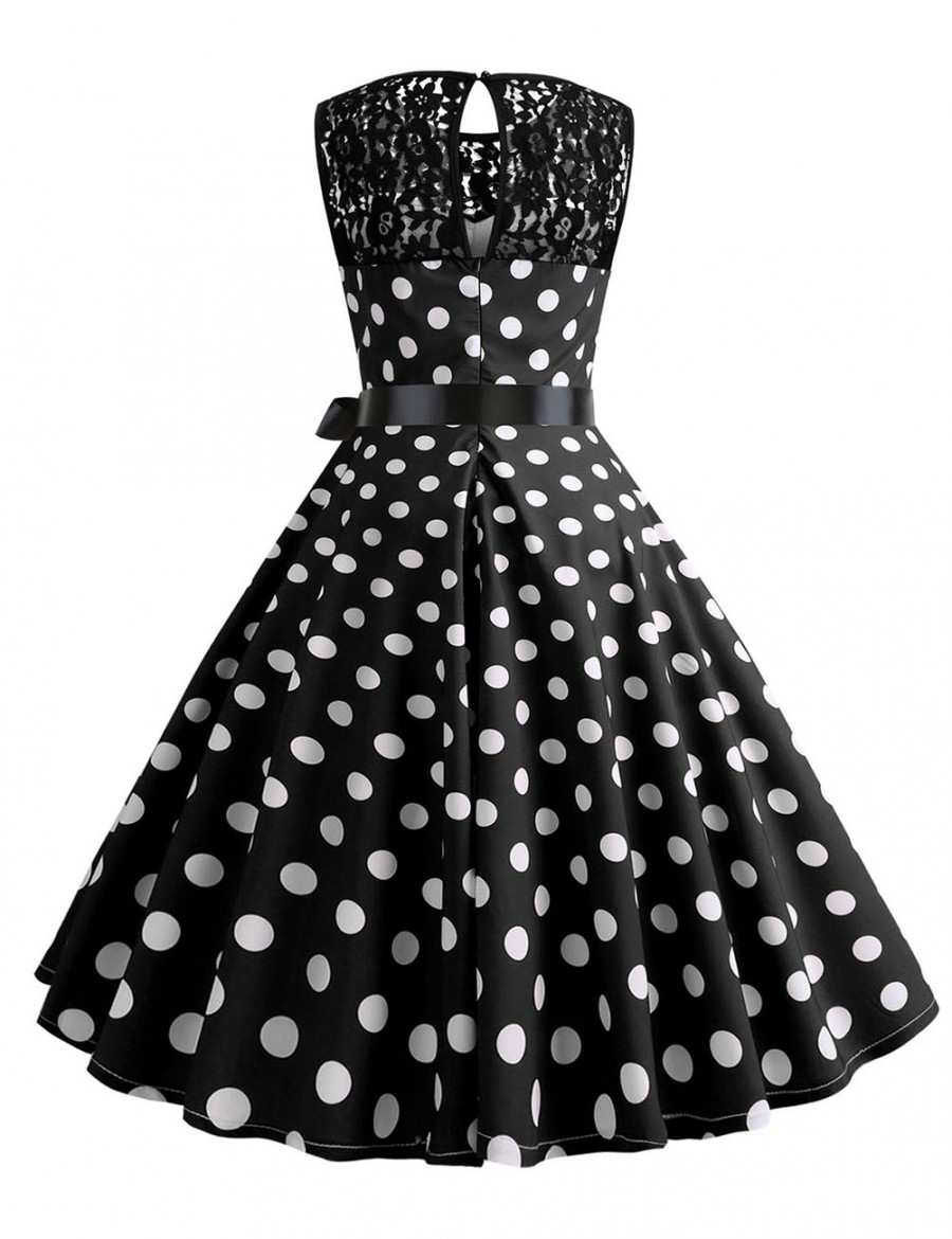 Unique Polka Dot Zip Crew Neck Bow Tie Skater Dress Lace All-Match