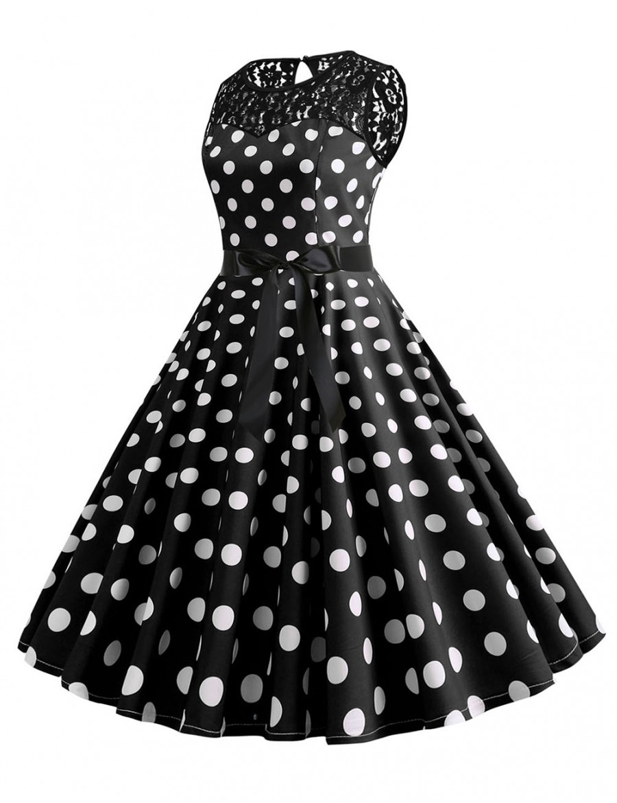Unique Polka Dot Zip Crew Neck Bow Tie Skater Dress Lace All-Match