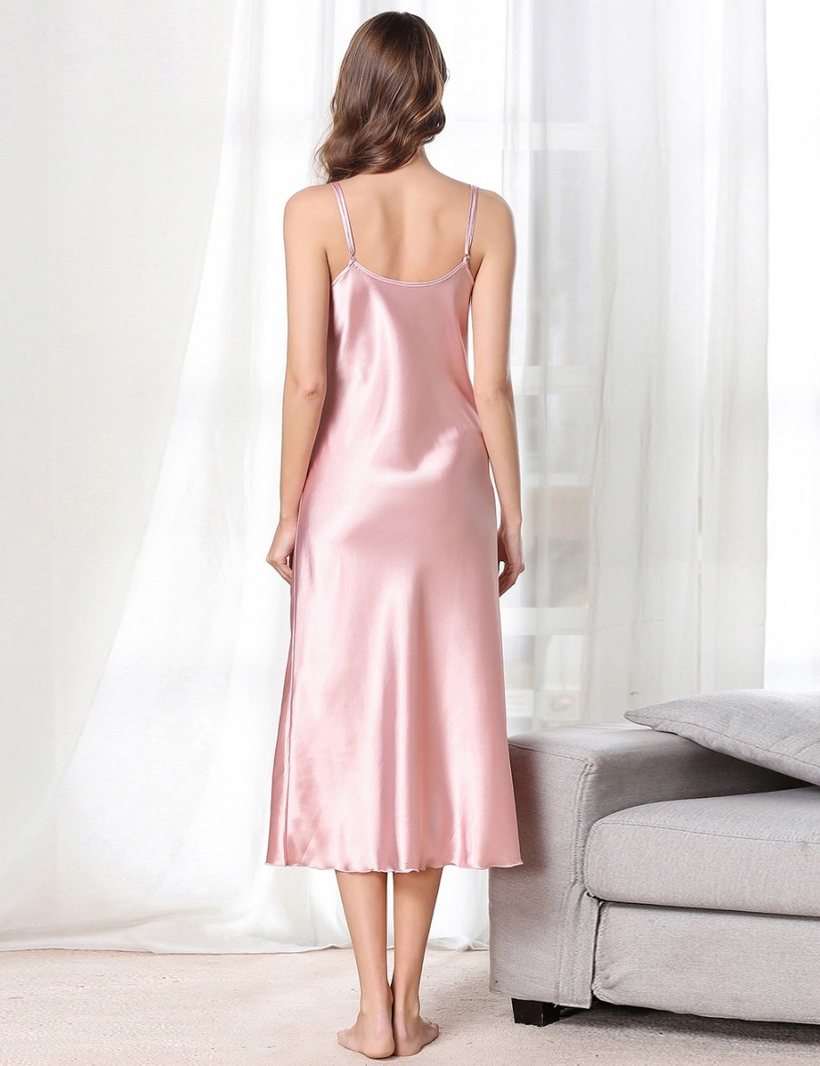 Demure Pink Faux Silk Sling V Collar Midi Length Sleepwear Slim All over
