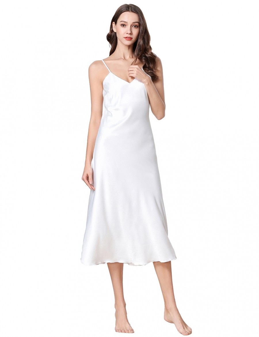 Aphrodisiac White Slender Strap Faux Silk V Neck Sleepwear Modern Fit