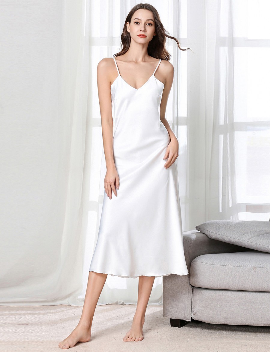 Aphrodisiac White Slender Strap Faux Silk V Neck Sleepwear Modern Fit