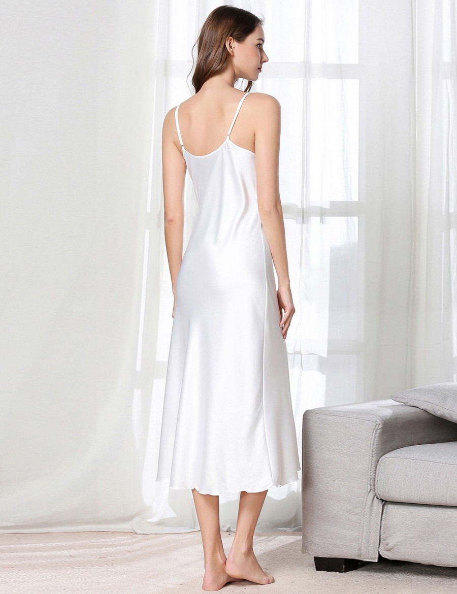 Aphrodisiac White Slender Strap Faux Silk V Neck Sleepwear Modern Fit