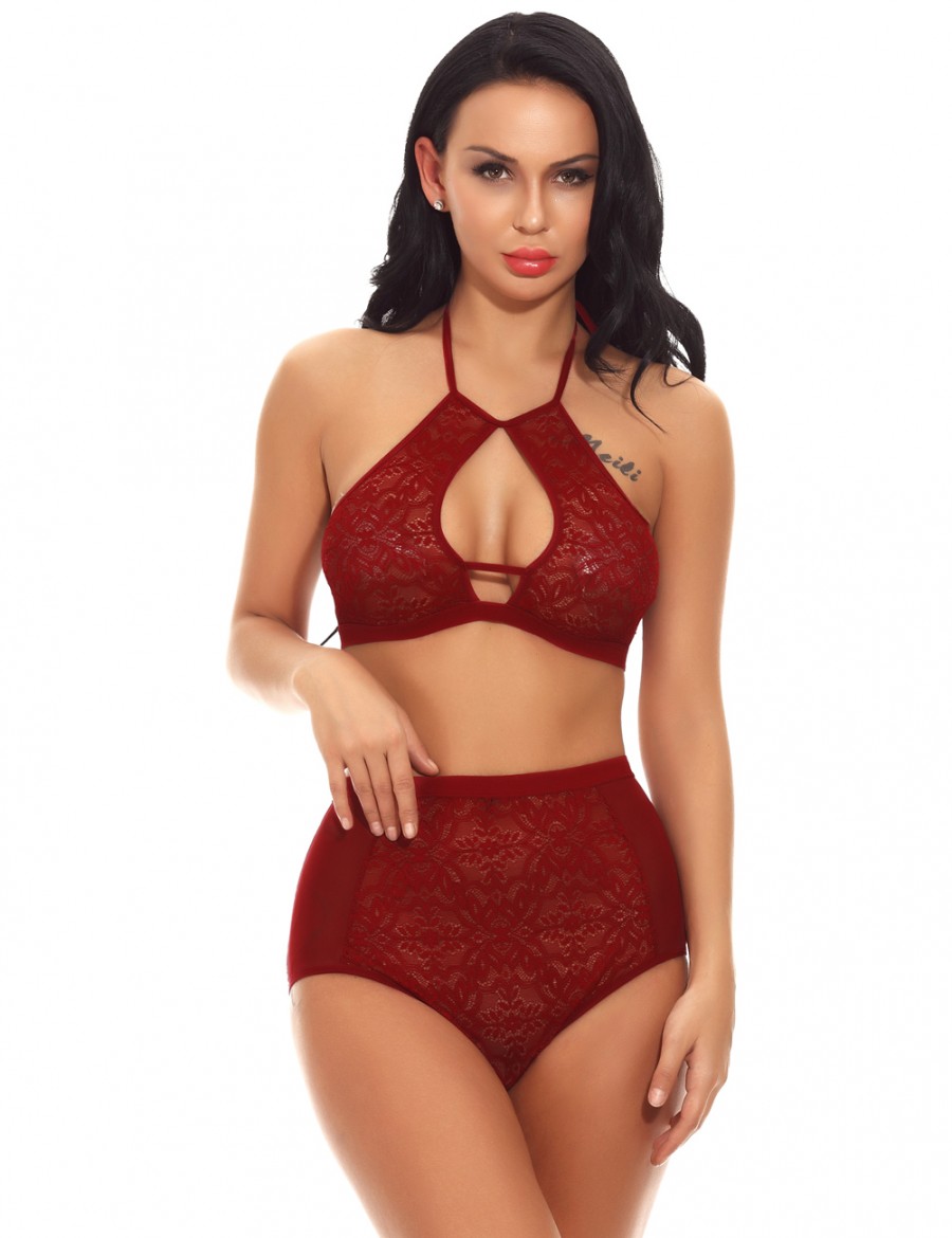 Eye-Catching Wine Red Hanging Neck Woman Bralette Sets Mesh
