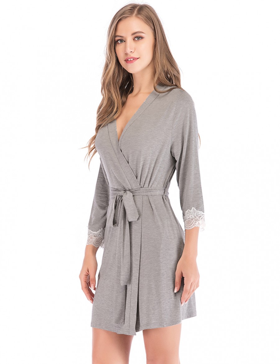 Sale Online Grey Cardigan Waist Tie Lace Mini Bedgown Top Quality