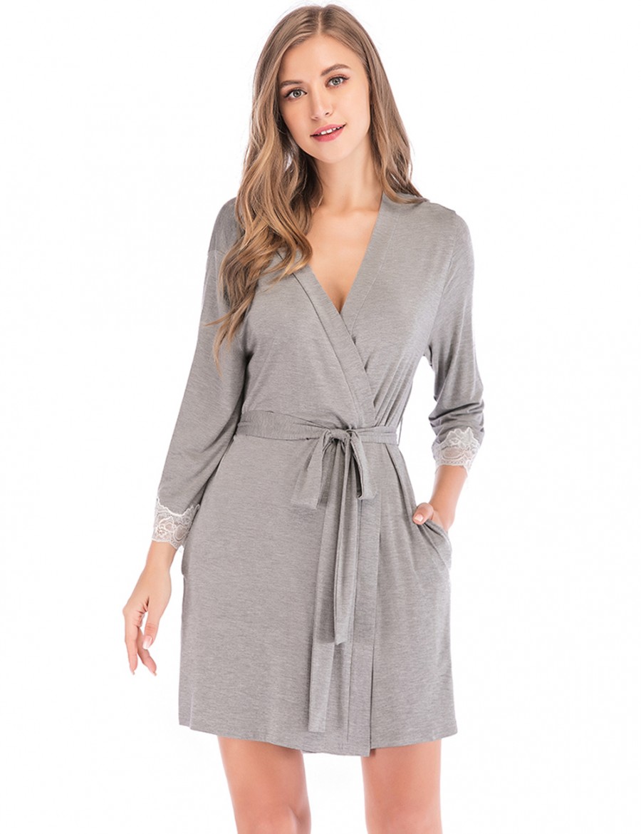 Sale Online Grey Cardigan Waist Tie Lace Mini Bedgown Top Quality
