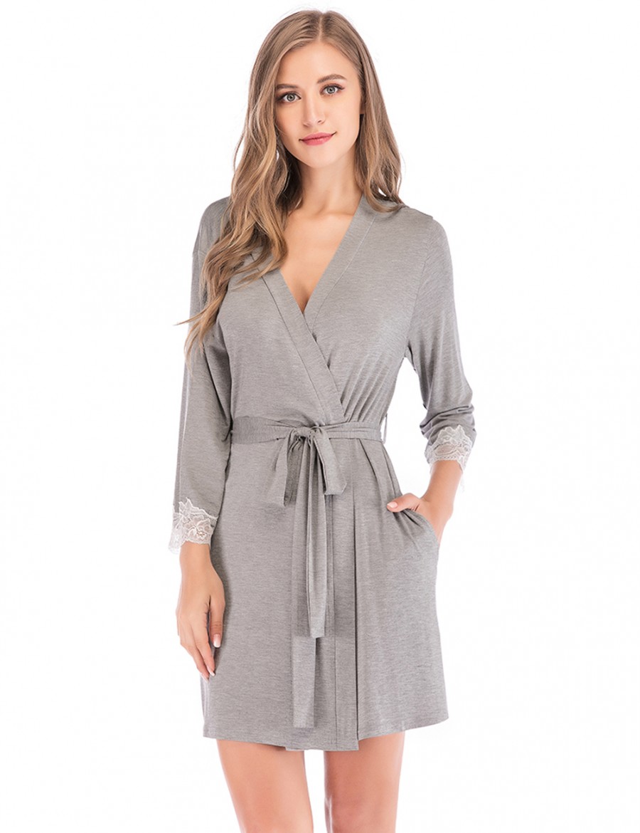 Sale Online Grey Cardigan Waist Tie Lace Mini Bedgown Top Quality