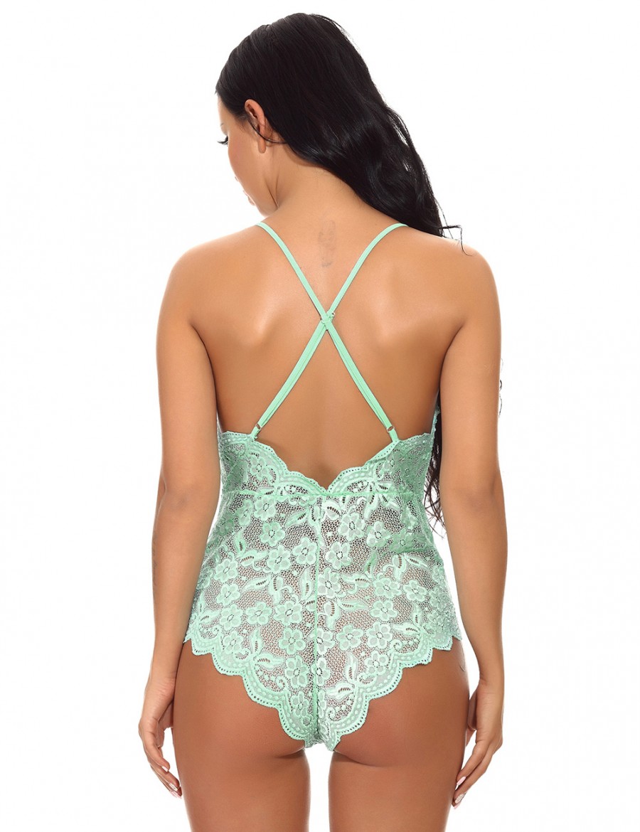 Fitness Green Slender Shoulder Strap Scallop Teddy All Over Comfort