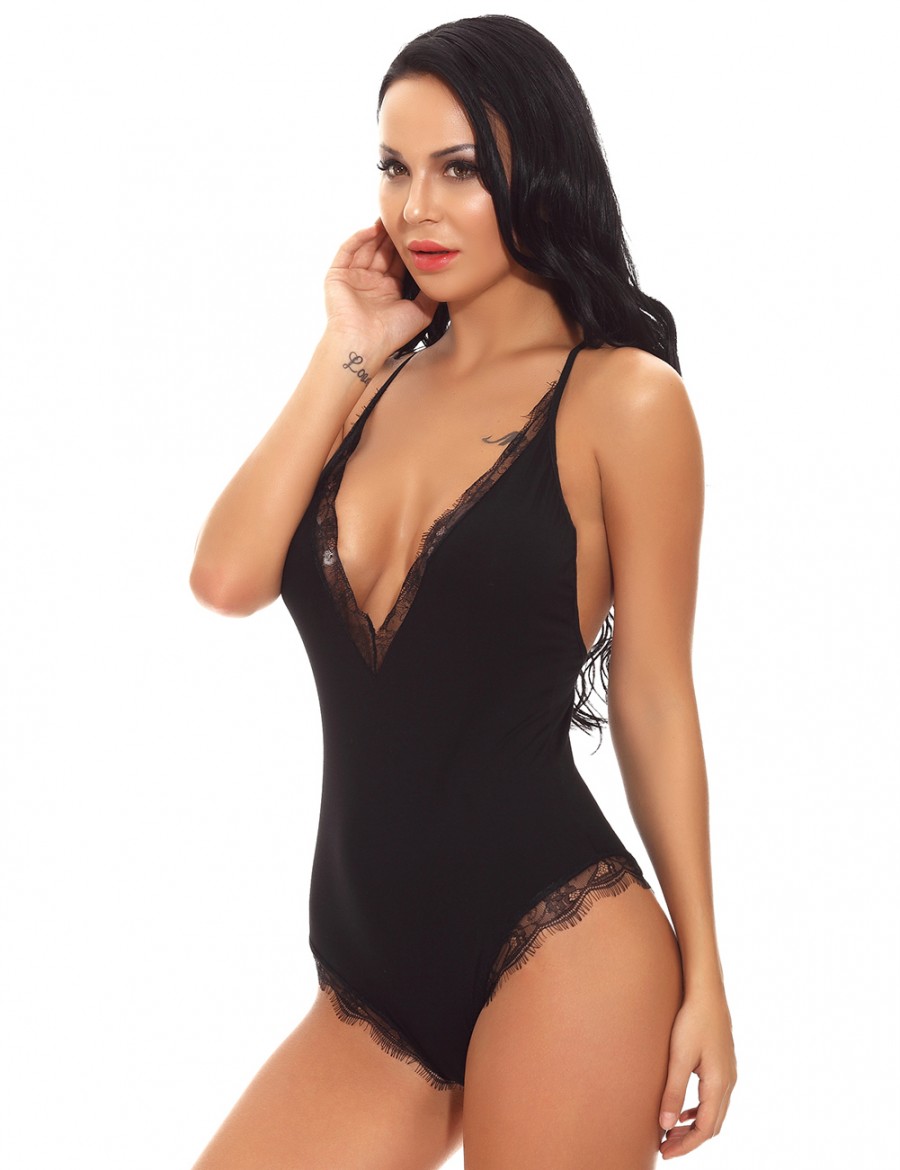 Ultra Cheap Black Deep V Neck Criss Cross Bodysuit Lingerie Best Refashion