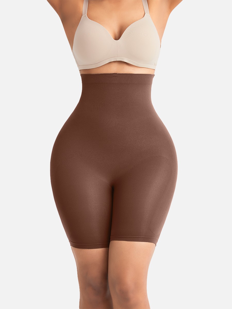 Brown Seamless Buckle Shapewear Shorts Plus Size Compression