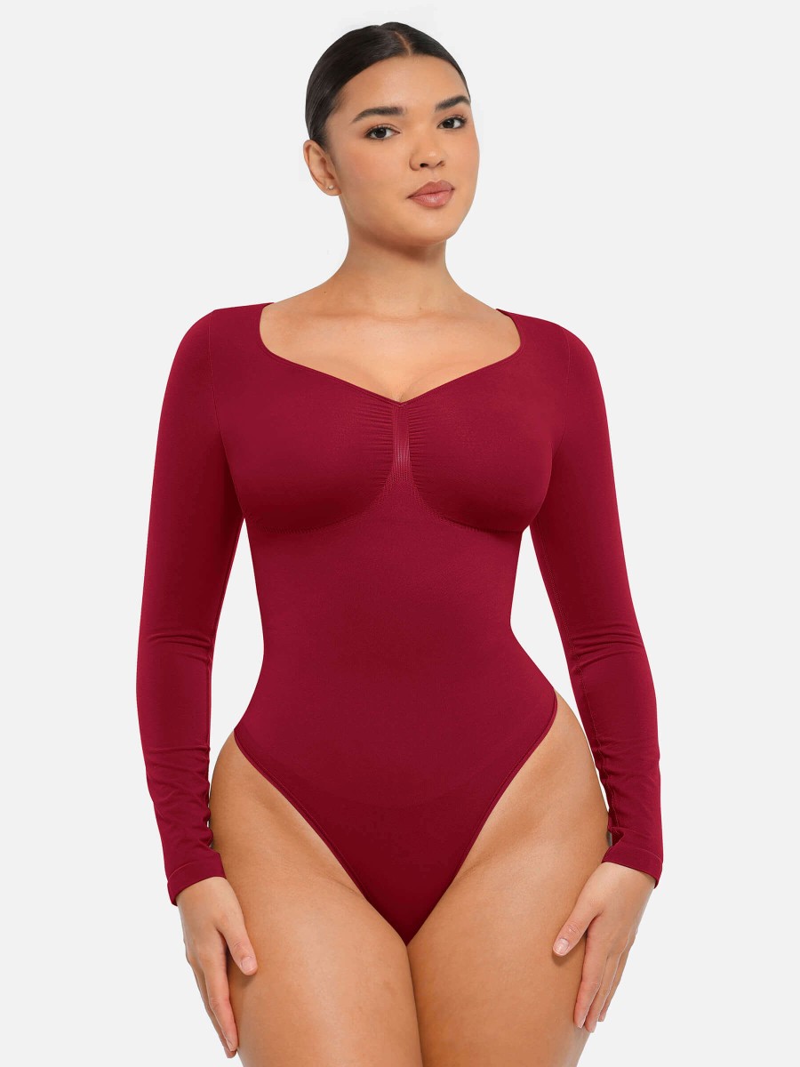 Seamless Chest Support Long Sleeve Tummy Control Thong Bodysuit