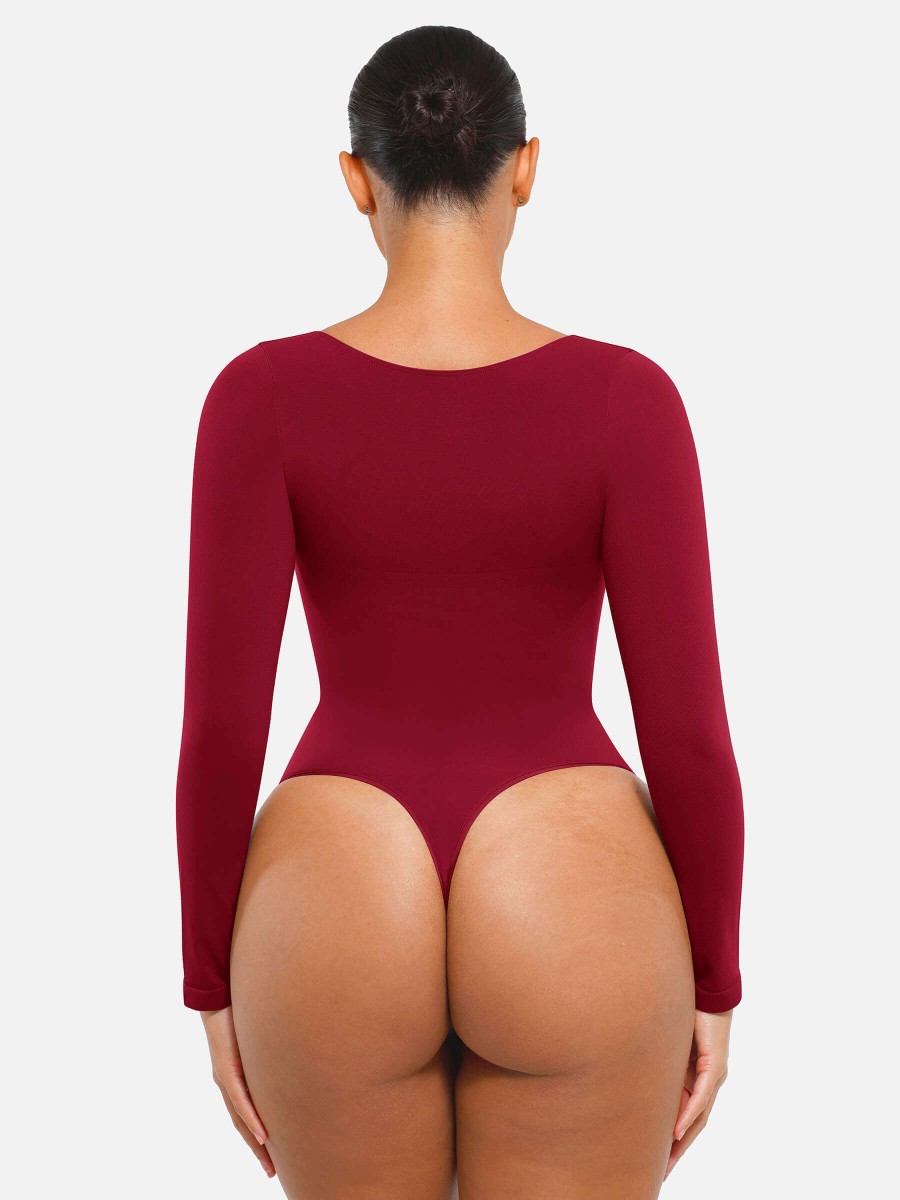 Seamless Chest Support Long Sleeve Tummy Control Thong Bodysuit