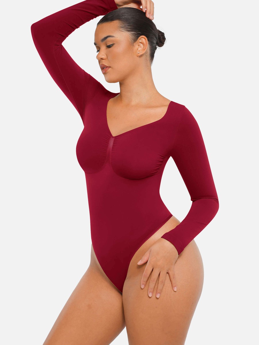 Seamless Chest Support Long Sleeve Tummy Control Thong Bodysuit