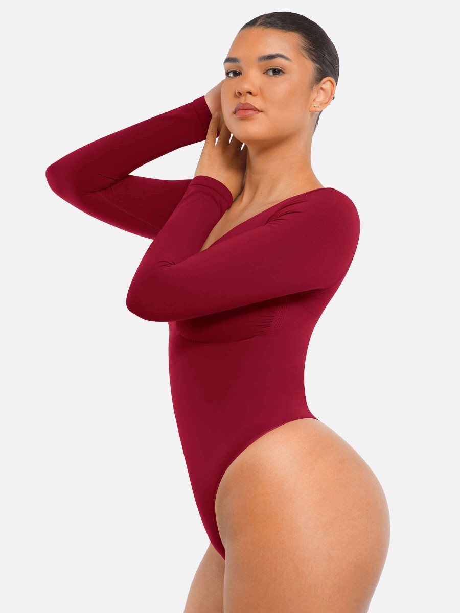 Seamless Chest Support Long Sleeve Tummy Control Thong Bodysuit