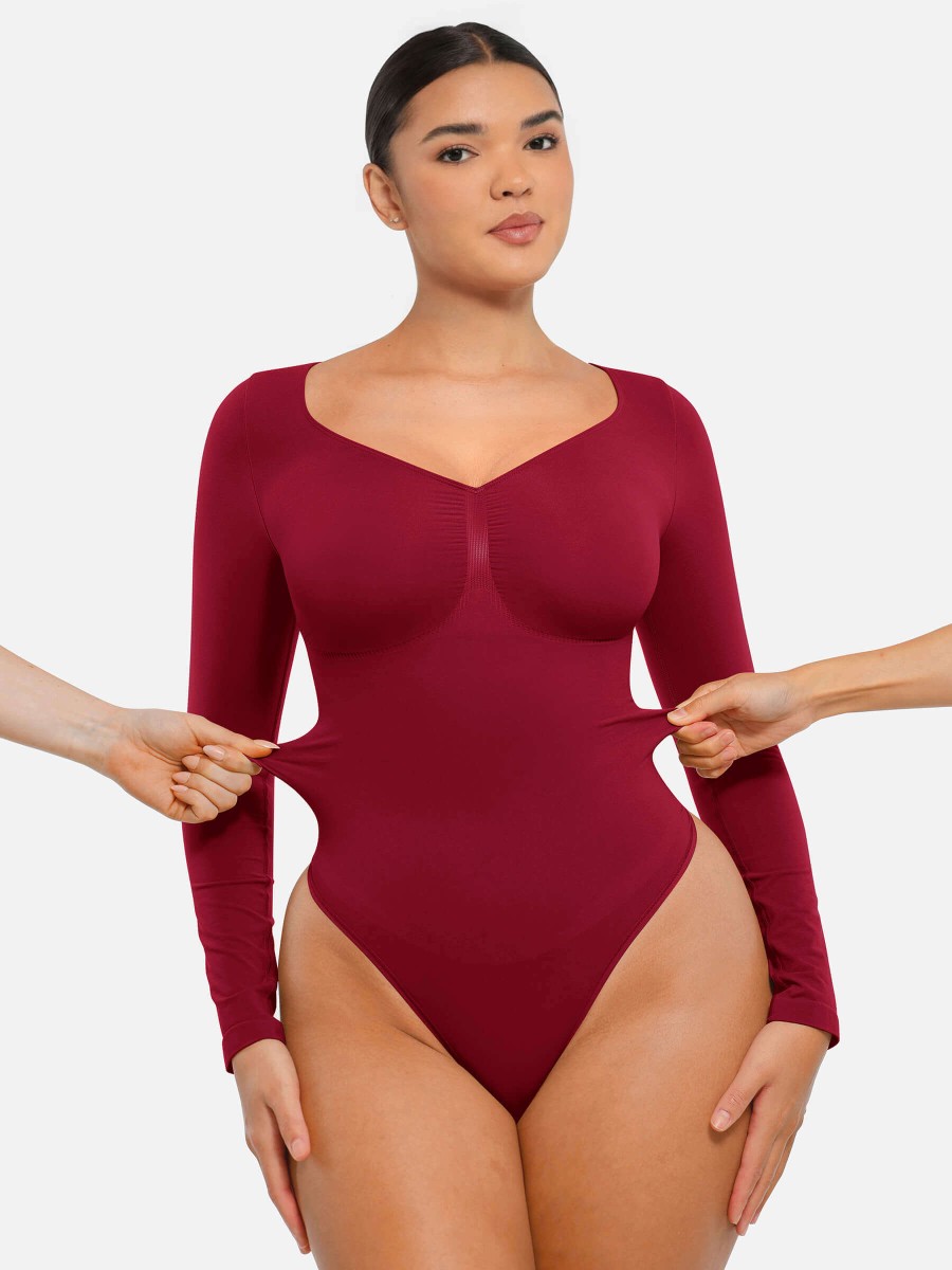 Seamless Chest Support Long Sleeve Tummy Control Thong Bodysuit