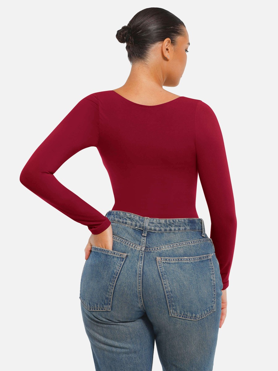 Seamless Chest Support Long Sleeve Tummy Control Thong Bodysuit