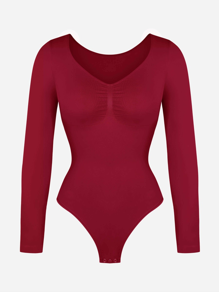 Seamless Chest Support Long Sleeve Tummy Control Thong Bodysuit
