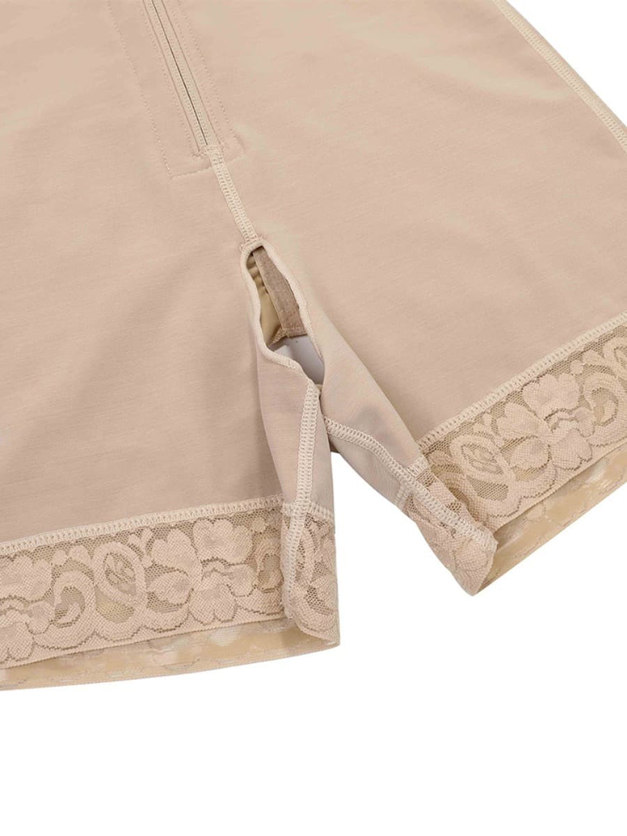 Skin Color Full Bodyshaper Lace Trim Front Zipper Smooth Abdomen