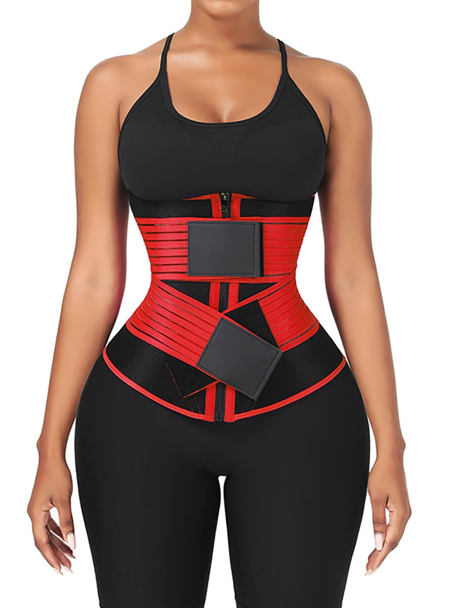 Red Neoprene 3-Layer Tummy Wrap With 10 Steel Bones and Double Belt