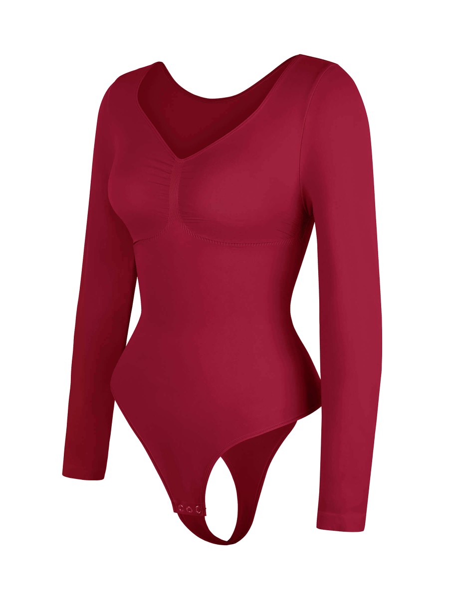 Seamless Chest Support Long Sleeve Tummy Control Thong Bodysuit