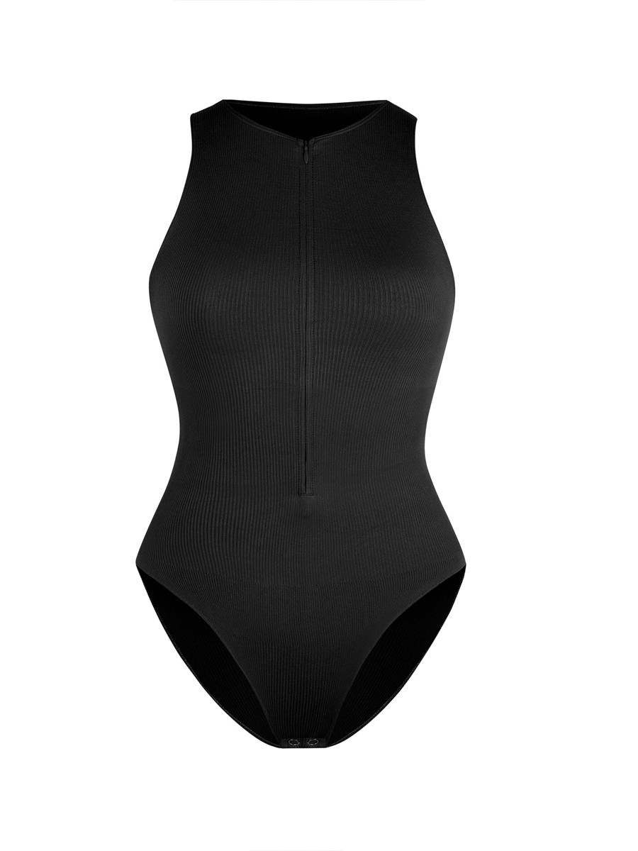 Women Seamless Ribbed Zip Front Sleeveless Briefs Bodysuit