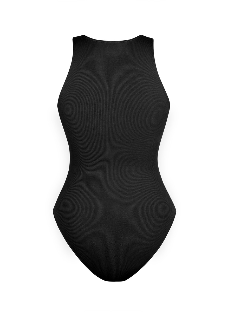 Women Seamless Ribbed Zip Front Sleeveless Briefs Bodysuit
