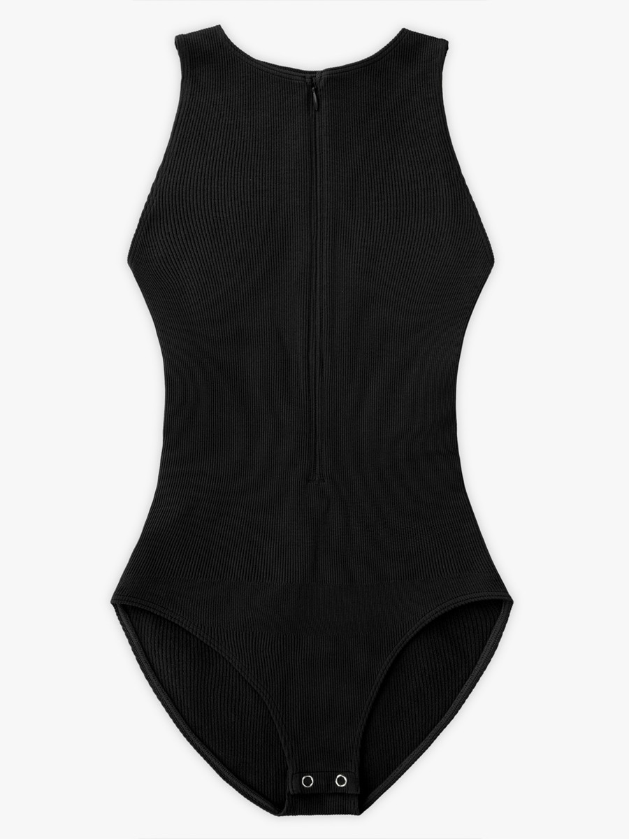Women Seamless Ribbed Zip Front Sleeveless Briefs Bodysuit