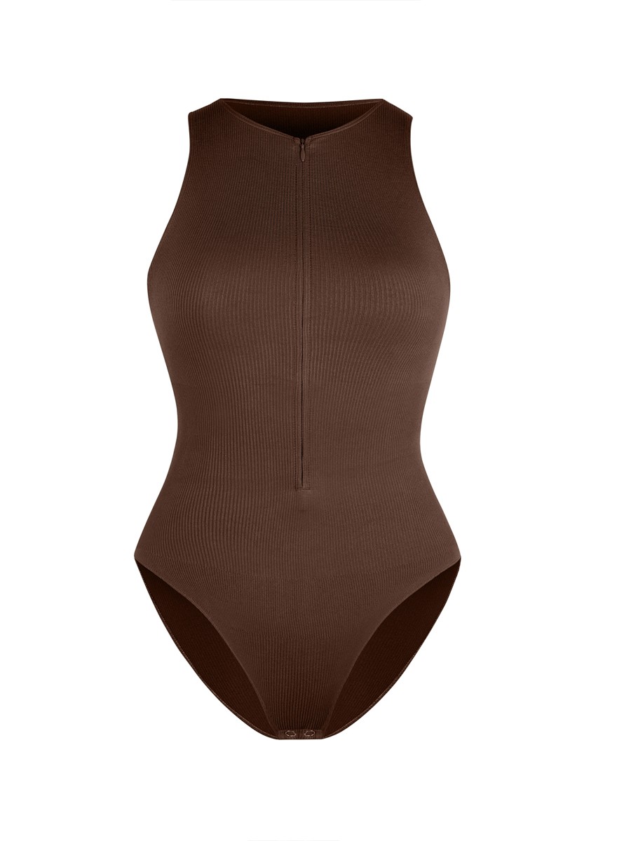 Brown Seamless Ribbed Zip Front Sleeveless Briefs Bodysuit