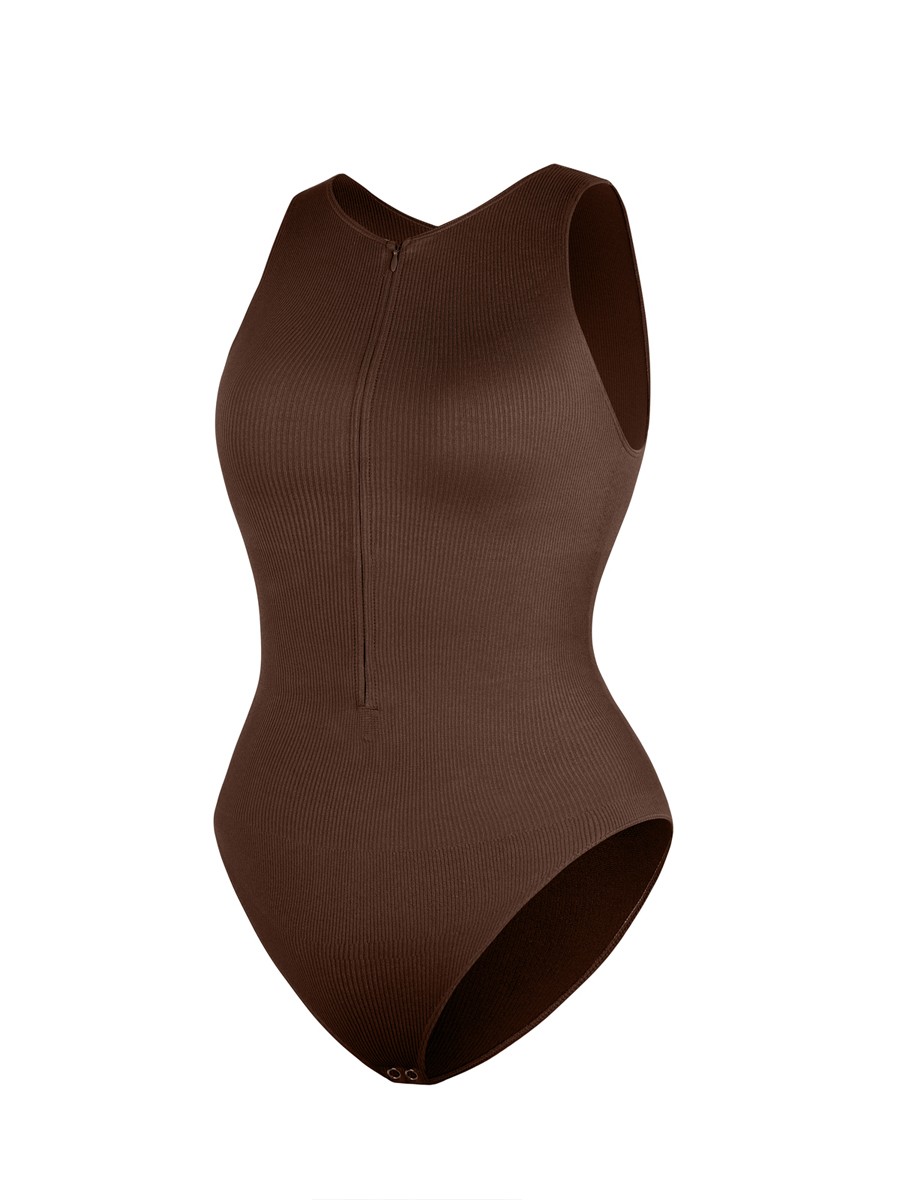 Brown Seamless Ribbed Zip Front Sleeveless Briefs Bodysuit