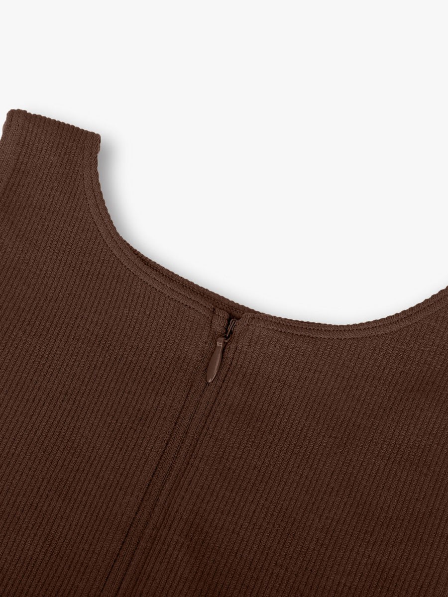 Brown Seamless Ribbed Zip Front Sleeveless Briefs Bodysuit