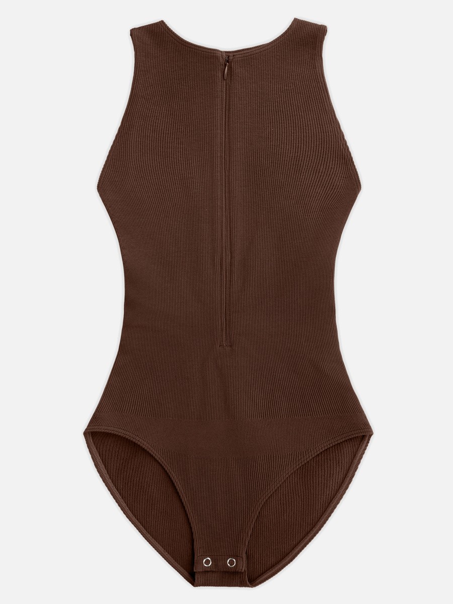 Brown Seamless Ribbed Zip Front Sleeveless Briefs Bodysuit
