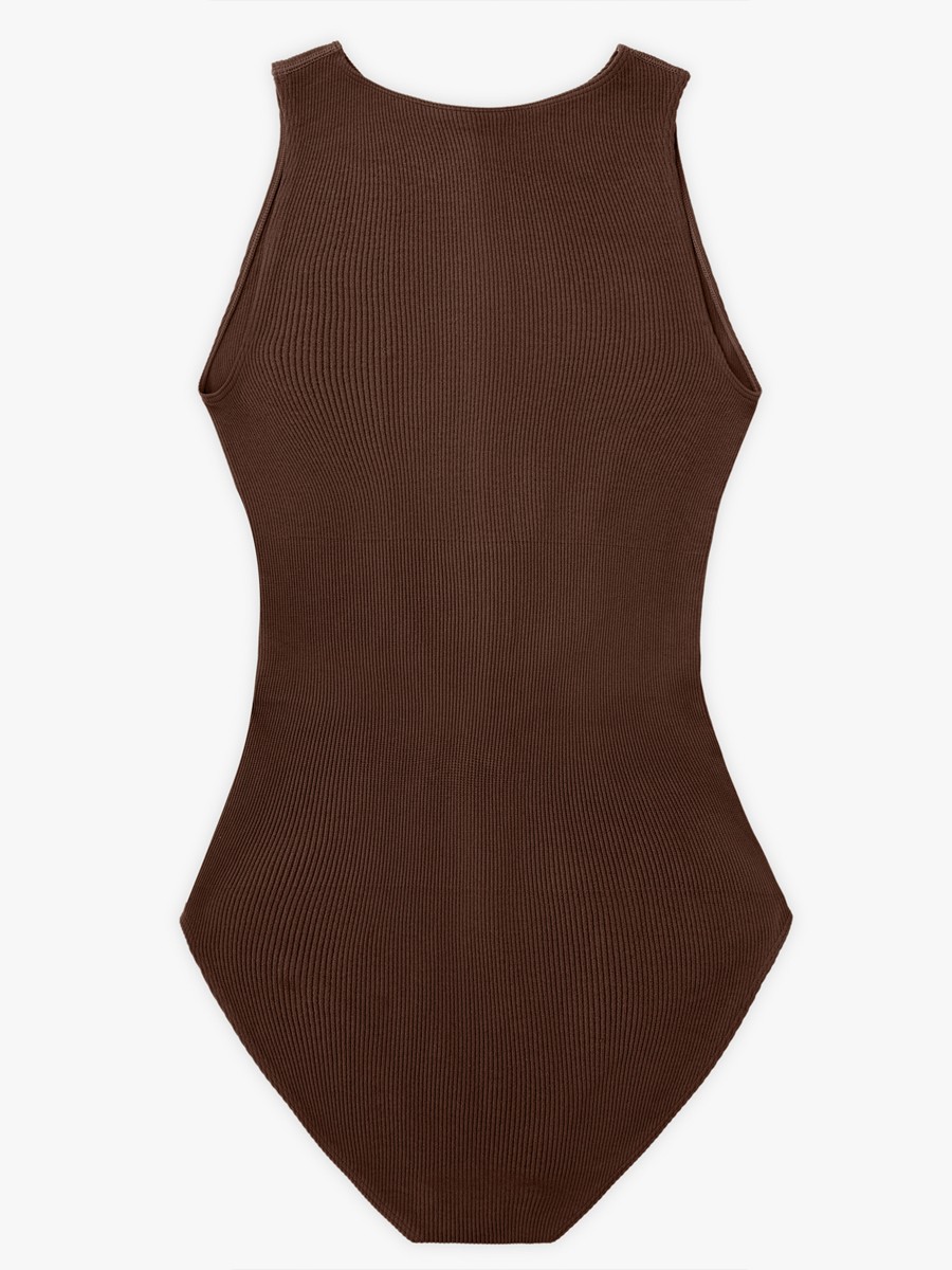 Brown Seamless Ribbed Zip Front Sleeveless Briefs Bodysuit