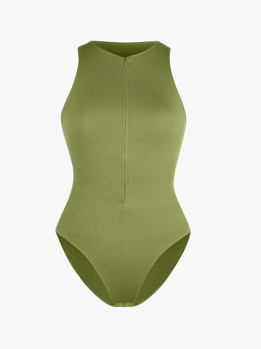 Seamless Ribbed Zip Front Sleeveless Briefs Bodysuit